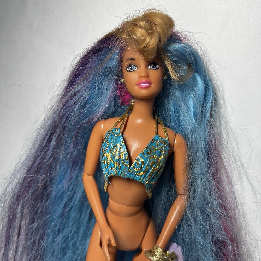 Vintage 1996 Mattel Hula Hair Teresa Barbie Doll 17049 Long Rainbow Moonlit Blue